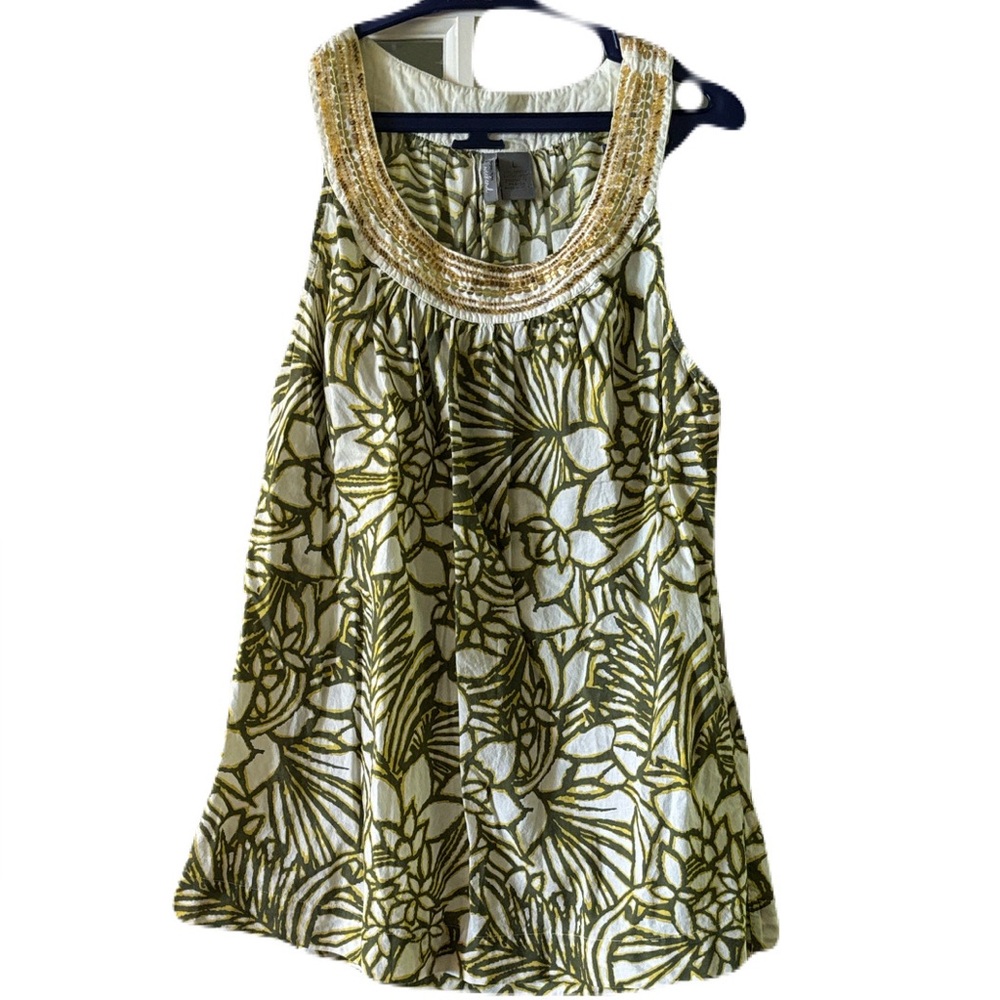New Directions Weekend Blouse Olive and Cream Sequins Patterned Lg Cotton